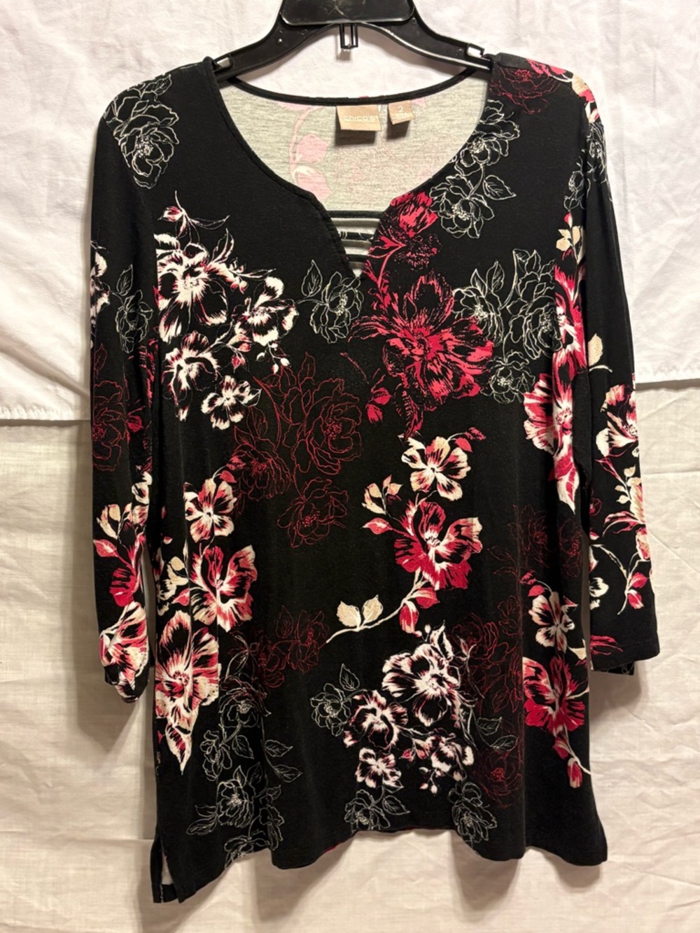 Chico's Black Top with Pink Floral Accents size 2 (Manufacturer)